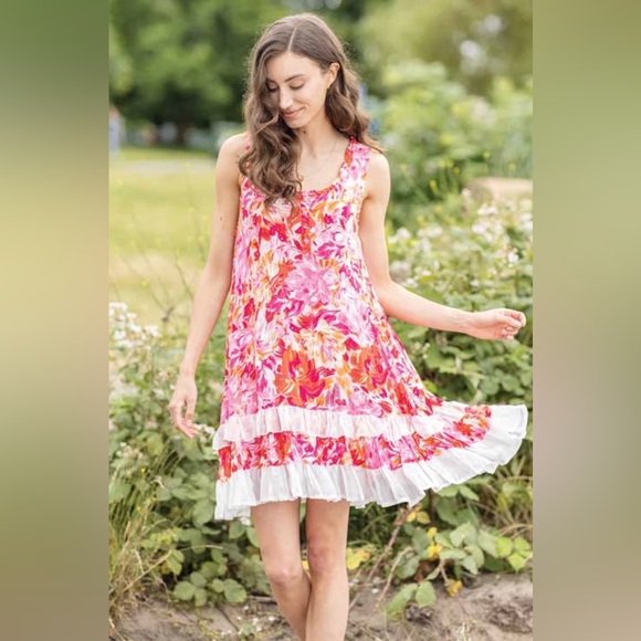 Papillon Floral Ruffled Hem Tiered Shift Dress XS Boho - Picture 2 of 10